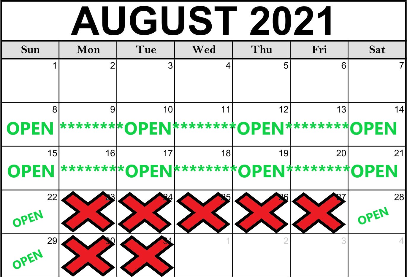 Please check out the calendars below to see the remaining days open for